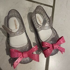 Mini Melissa Translucent Gray Sparkle Mary Janes with Pink Bows